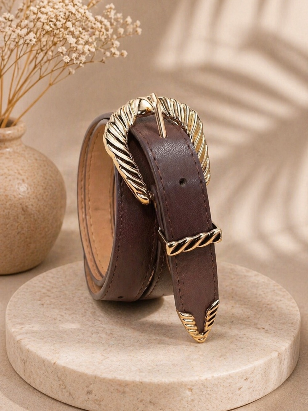 The Modern Western Carved Buckle Faux Leather Belt Brown